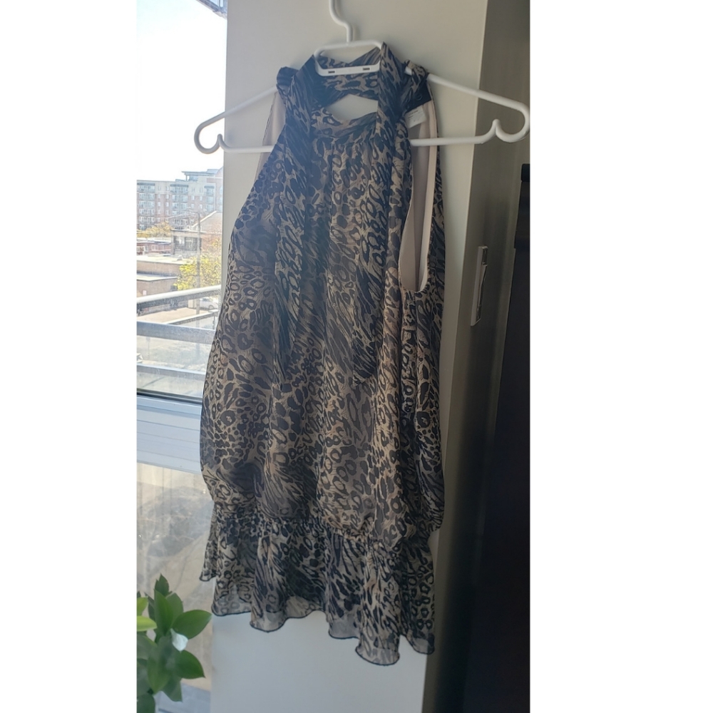 Zoe + Skye Leopard Print Sheer Halter Top, S/M